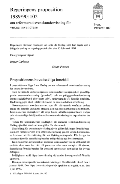 Omslaget till prop. 1989/90:102