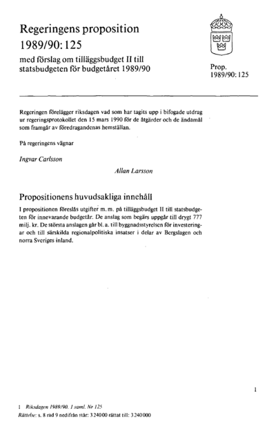 Omslaget till prop. 1989/90:125