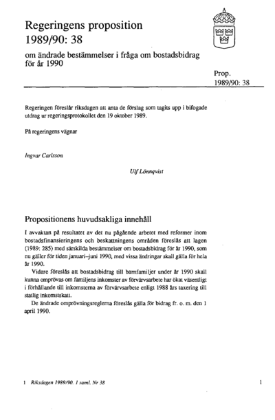 Omslaget till prop. 1989/90:38