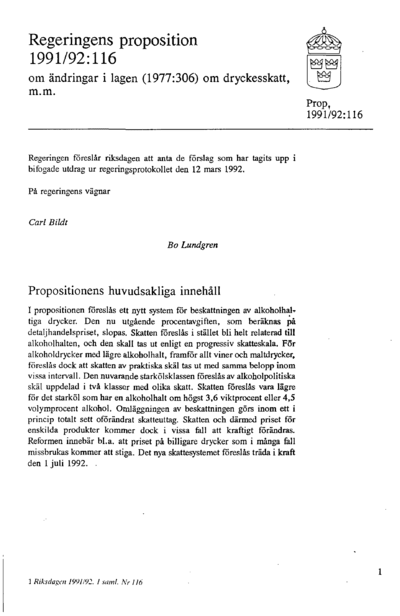 Omslaget till prop. 1991/92:116