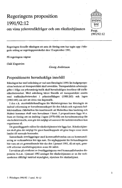 Omslaget till prop. 1991/92:12