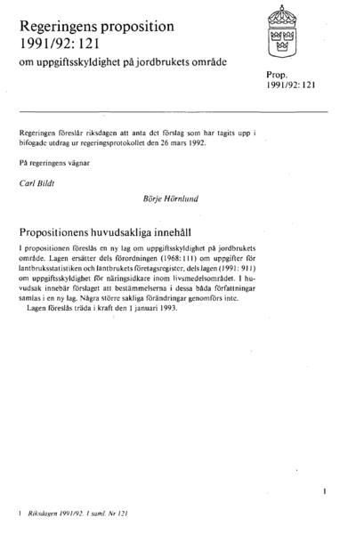 Omslaget till prop. 1991/92:121