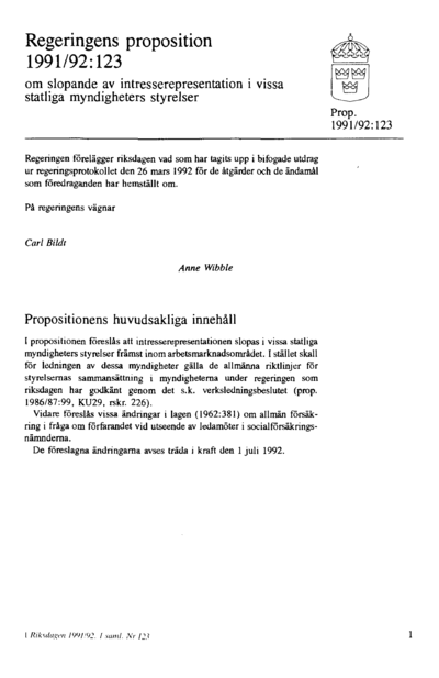 Omslaget till prop. 1991/92:123
