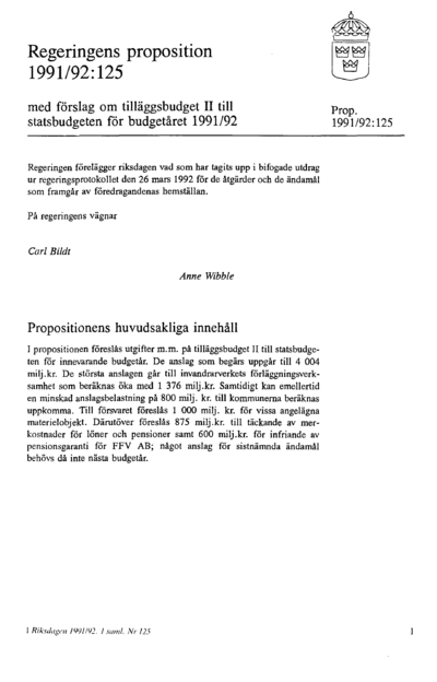 Omslaget till prop. 1991/92:125