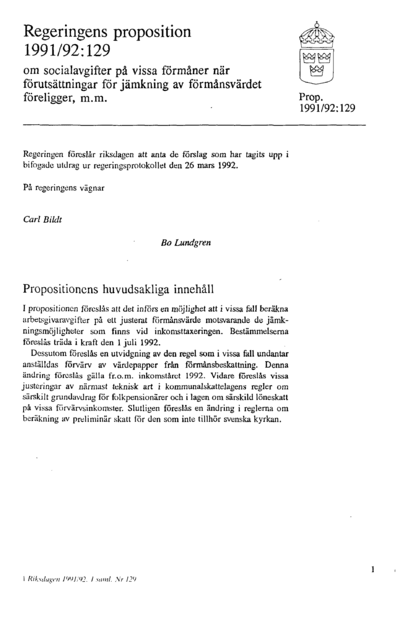 Omslaget till prop. 1991/92:129