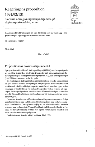 Omslaget till prop. 1991/92:131