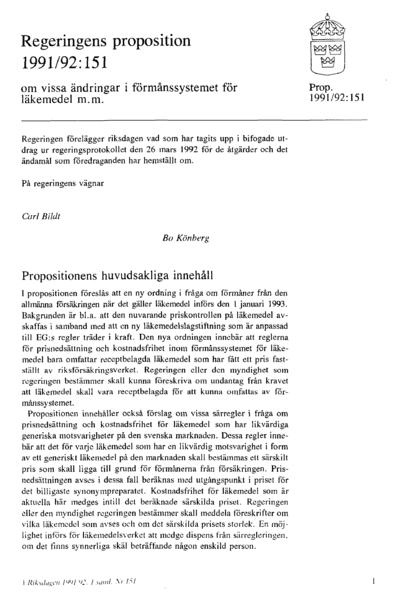 Omslaget till prop. 1991/92:151