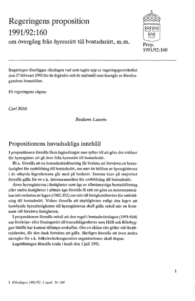 Omslaget till prop. 1991/92:160