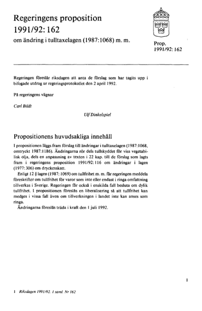 Omslaget till prop. 1991/92:162