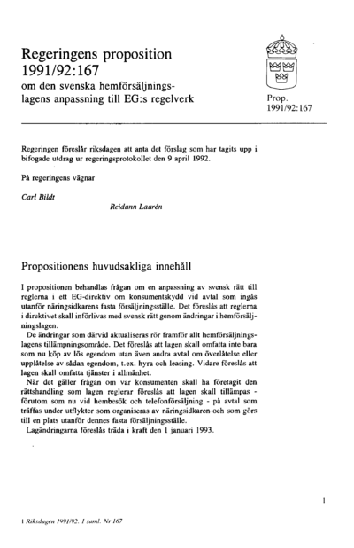 Omslaget till prop. 1991/92:167