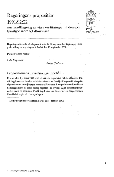 Omslaget till prop. 1991/92:22