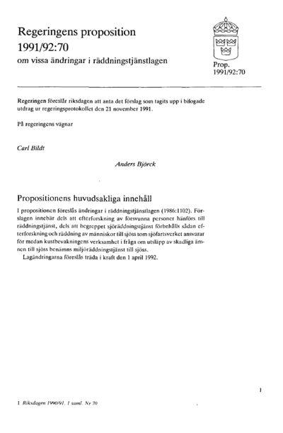 Omslaget till prop. 1991/92:70