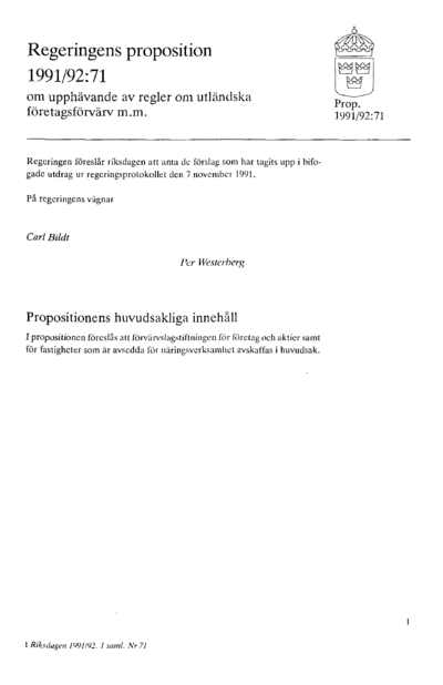 Omslaget till prop. 1991/92:71