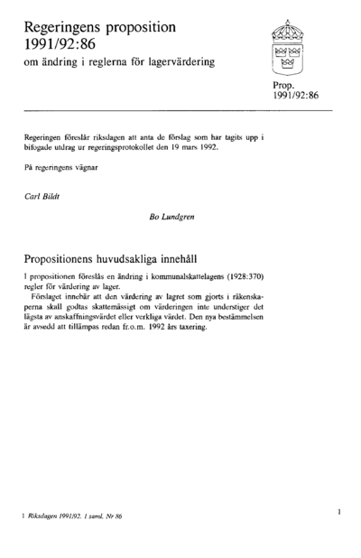 Omslaget till prop. 1991/92:86