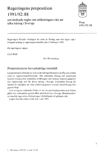 Omslaget till prop. 1991/92:88