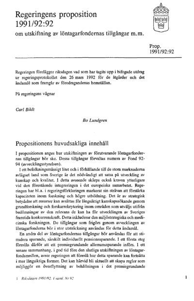 Omslaget till prop. 1991/92:92