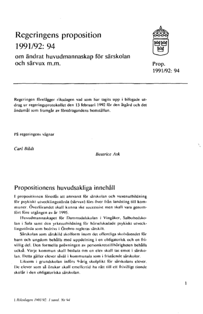 Omslaget till prop. 1991/92:94