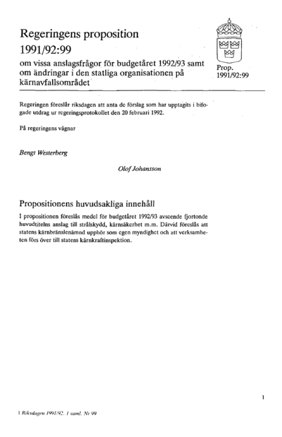 Omslaget till prop. 1991/92:99