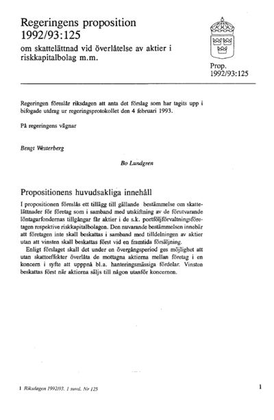 Omslaget till prop. 1992/93:125