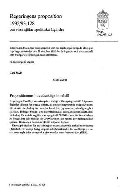 Omslaget till prop. 1992/93:128