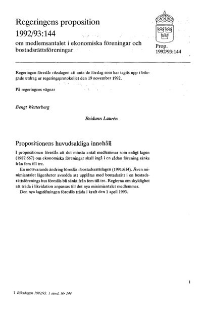 Omslaget till prop. 1992/93:144