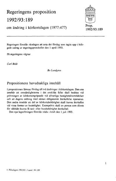 Omslaget till prop. 1992/93:189