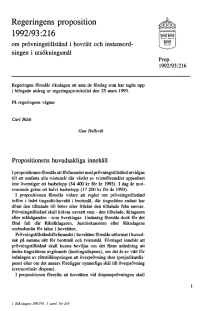 Omslaget till prop. 1992/93:216