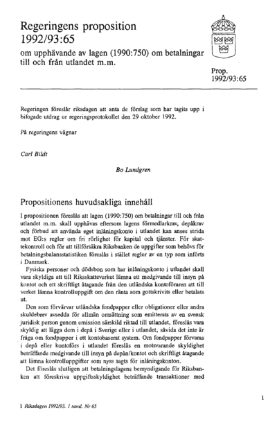 Omslaget till prop. 1992/93:65