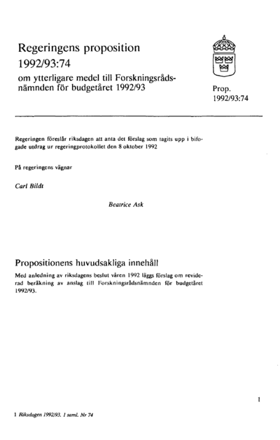 Omslaget till prop. 1992/93:74