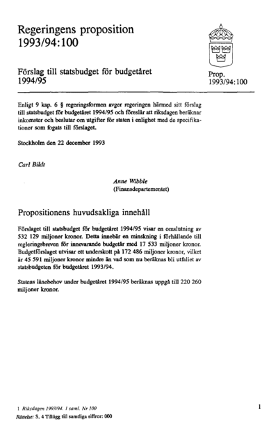 Omslaget till prop. 1993/94:100