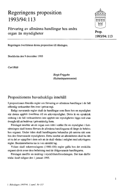 Omslaget till prop. 1993/94:113