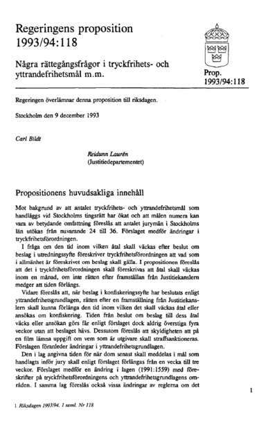 Omslaget till prop. 1993/94:118