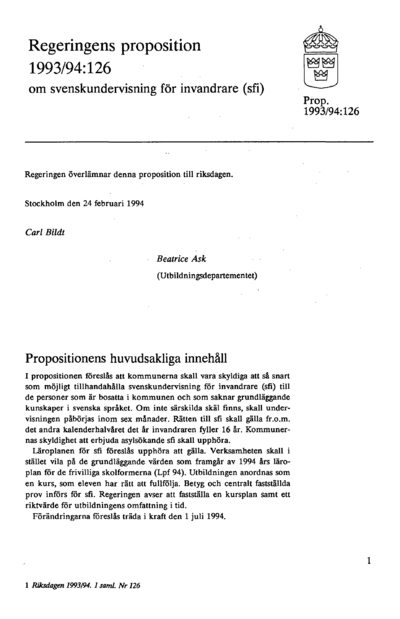 Omslaget till prop. 1993/94:126