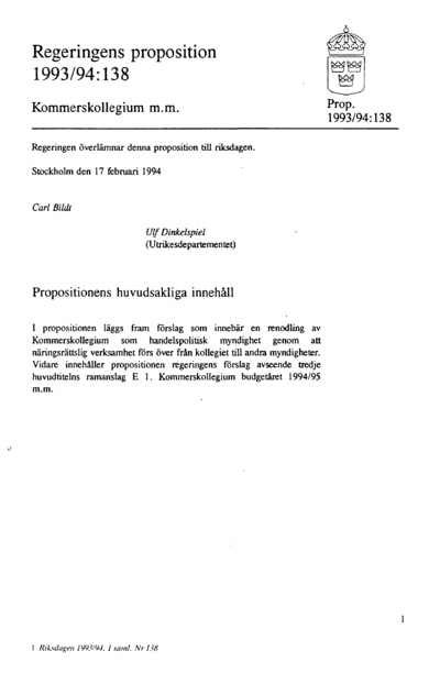 Omslaget till prop. 1993/94:138