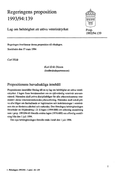 Omslaget till prop. 1993/94:139