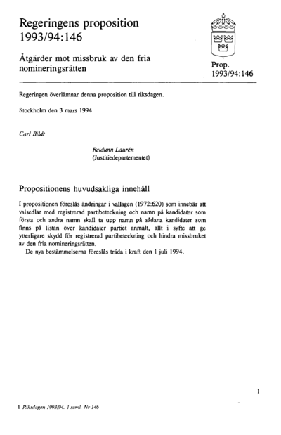 Omslaget till prop. 1993/94:146