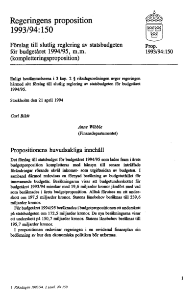 Omslaget till prop. 1993/94:150