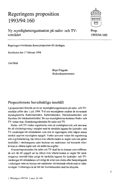 Omslaget till prop. 1993/94:160