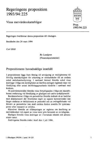 Omslaget till prop. 1993/94:225