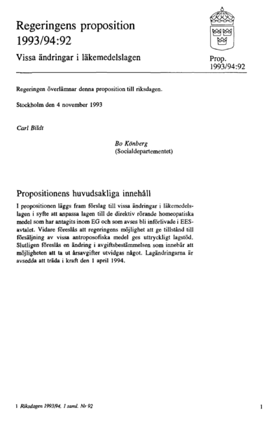 Omslaget till prop. 1993/94:92