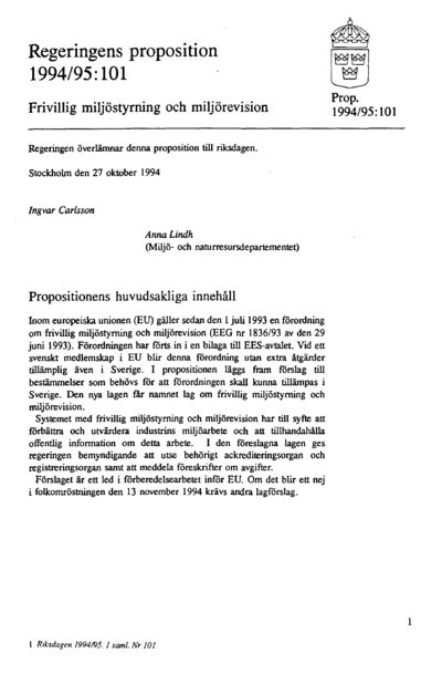Omslaget till prop. 1994/95:101
