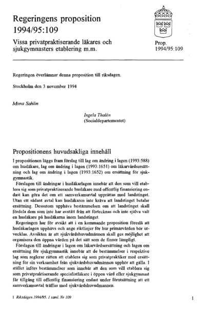 Omslaget till prop. 1994/95:109