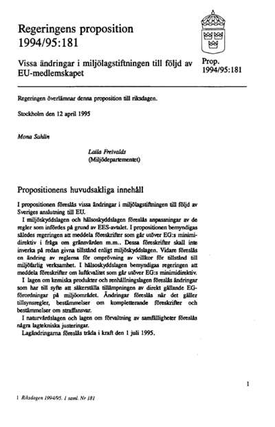 Omslaget till prop. 1994/95:181