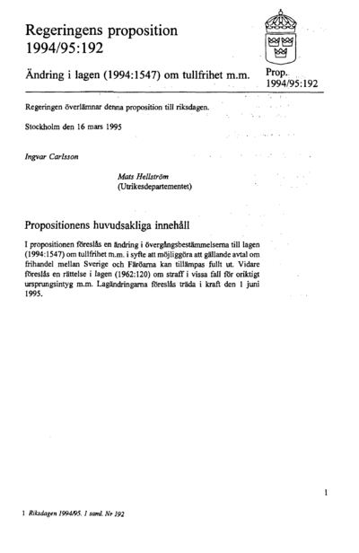 Omslaget till prop. 1994/95:192