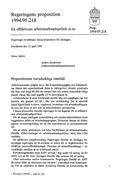 Omslaget till prop. 1994/95:218