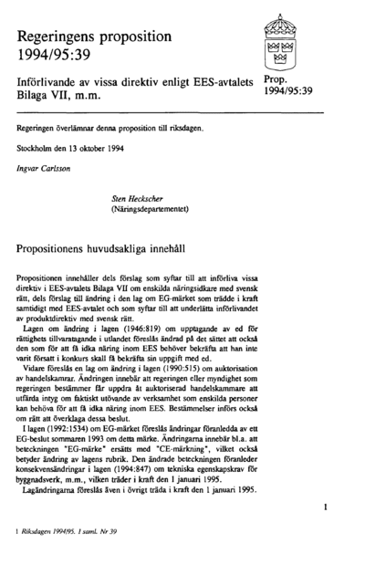 Omslaget till prop. 1994/95:39