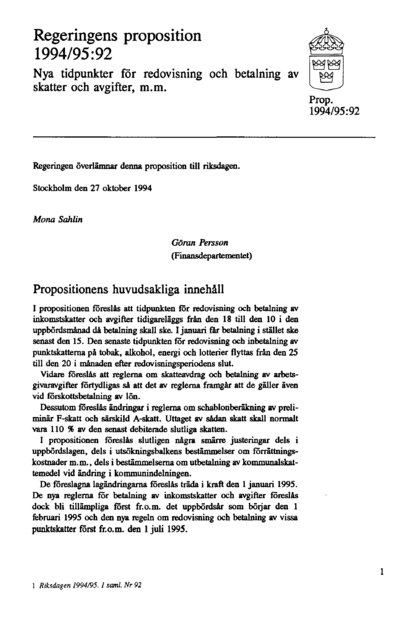 Omslaget till prop. 1994/95:92