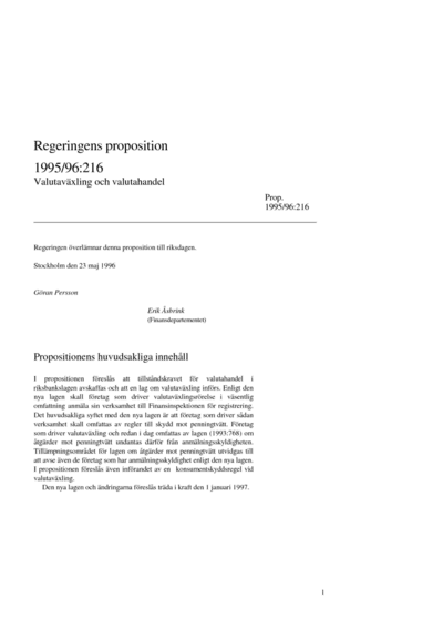 Omslaget till prop. 1995/96:216
