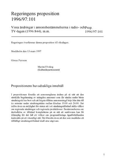 Omslaget till prop. 1996/97:101