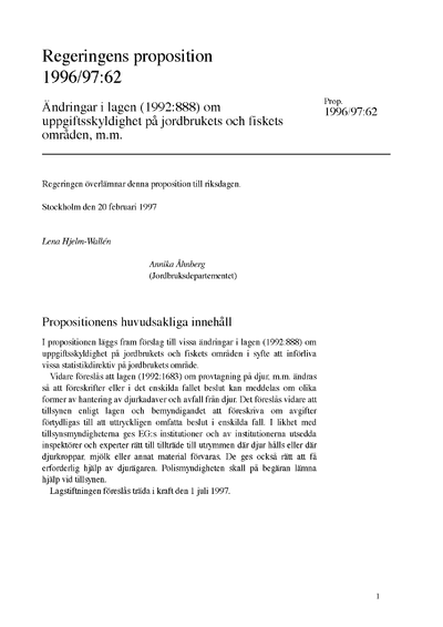 Omslaget till prop. 1996/97:62